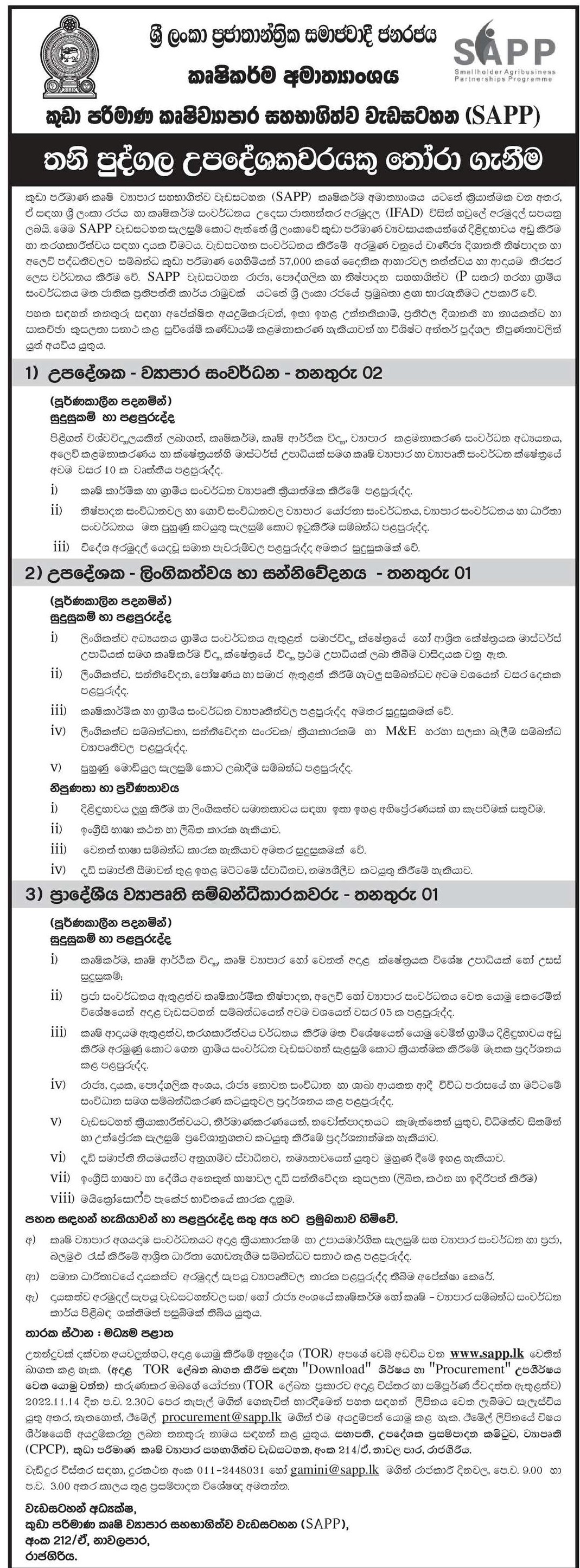 Consultant (Business Development, Gender & Communication), Regional Project Coordinator - Smallholder Agribusiness Partnership Programme - Ministry of Agriculture