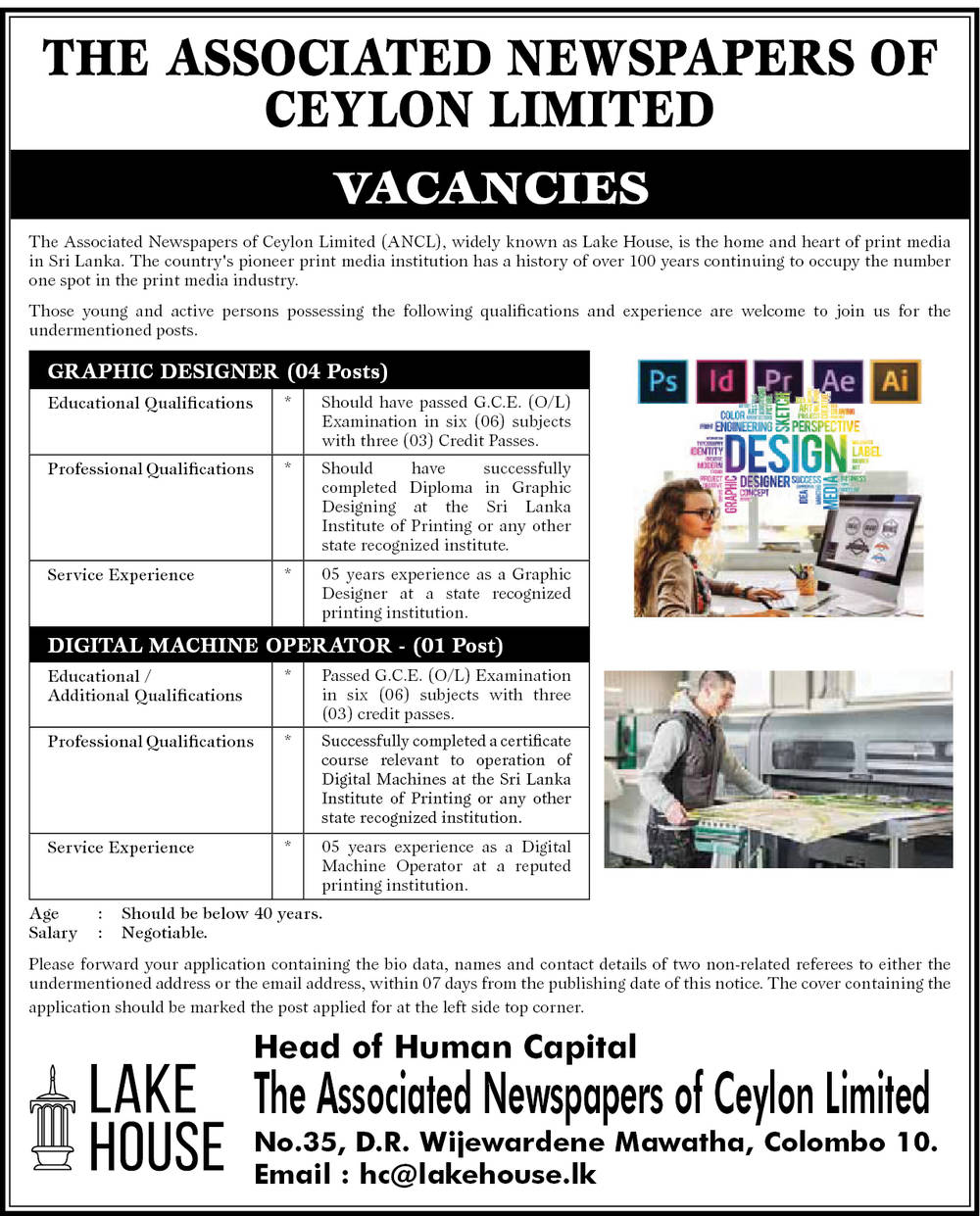 Graphic Designer, Digital Machine Operator - The Associated Newspapers of Ceylon Limited