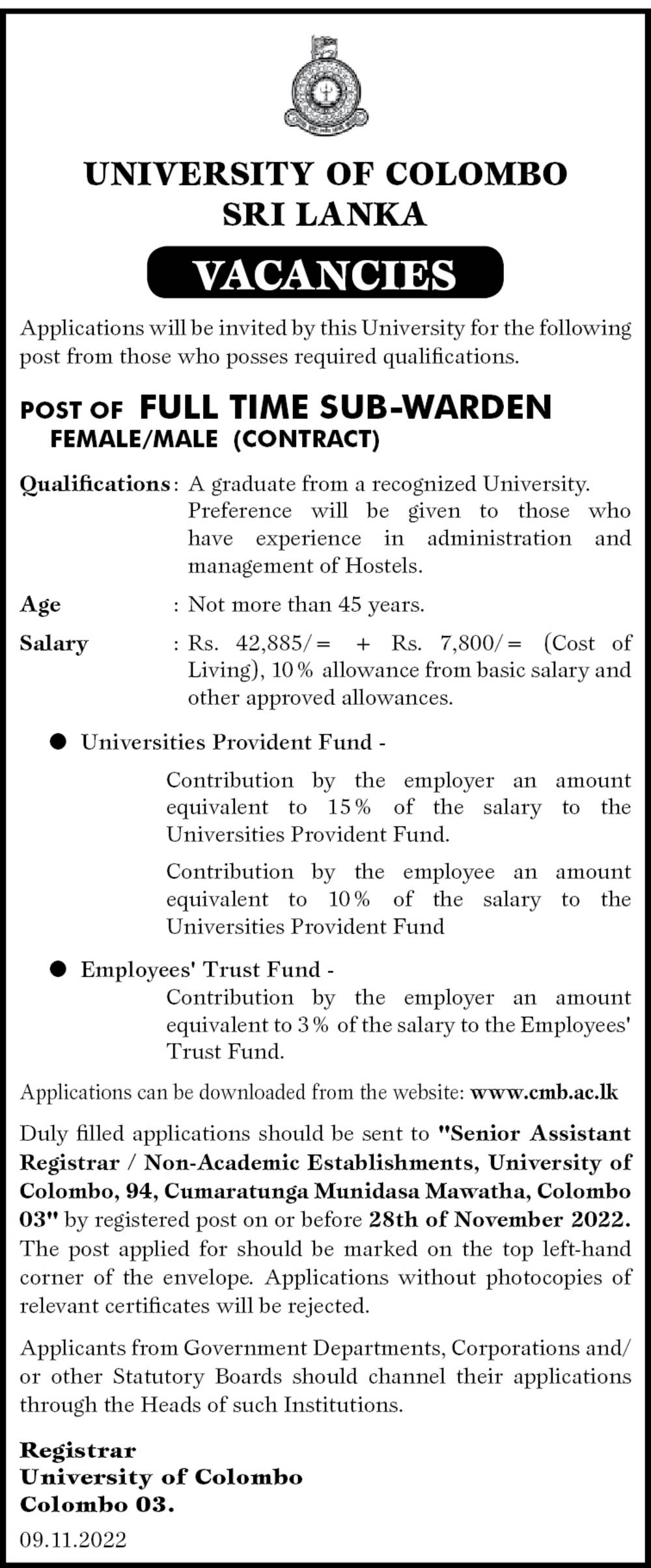 Full Time Sub Warden (Contract) - University of Colombo 