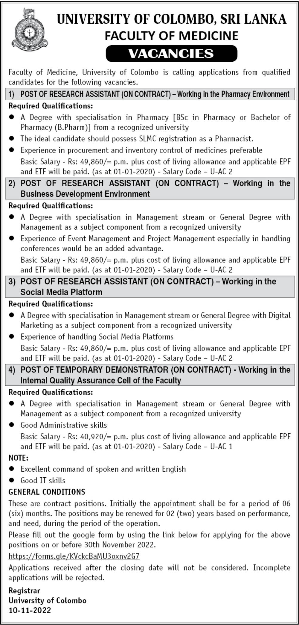 Research Assistant, Demonstrator - University of Colombo