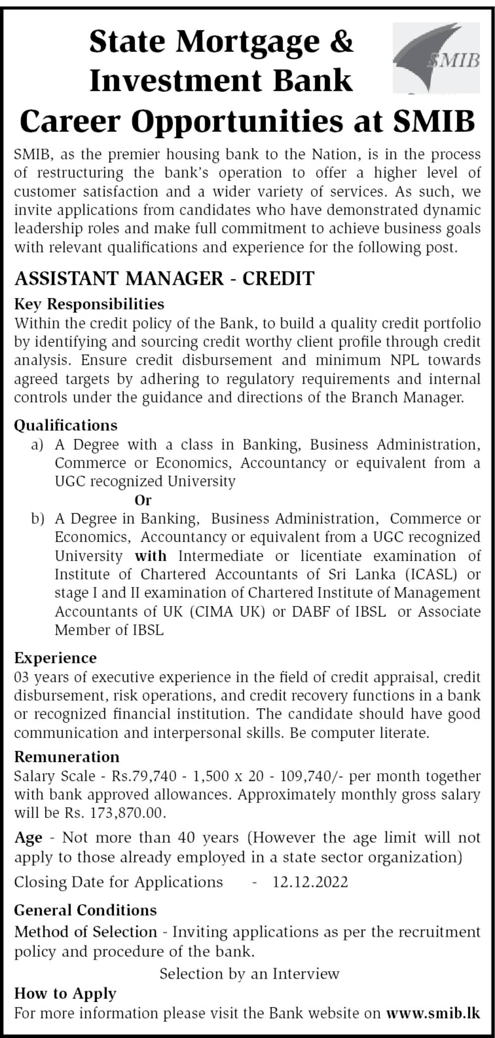 Assistant Manager (Credit) - State Mortgage & Investment Bank