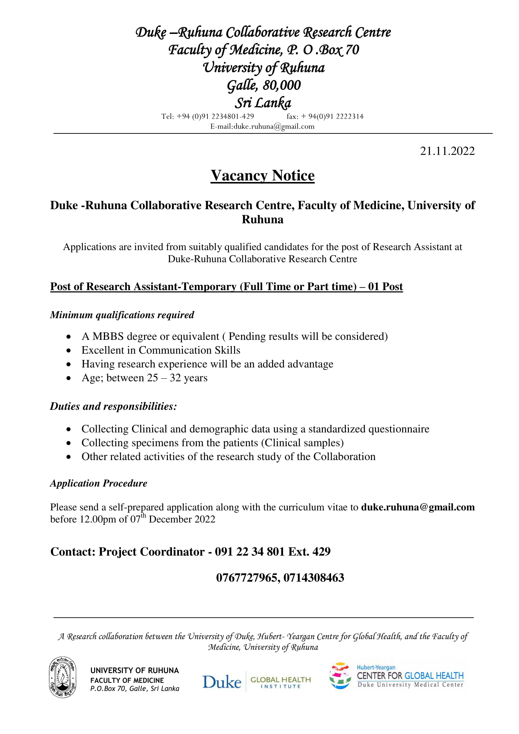 Research Assistant - Duke-Ruhuna Collaborative Research Centre - University of Ruhuna