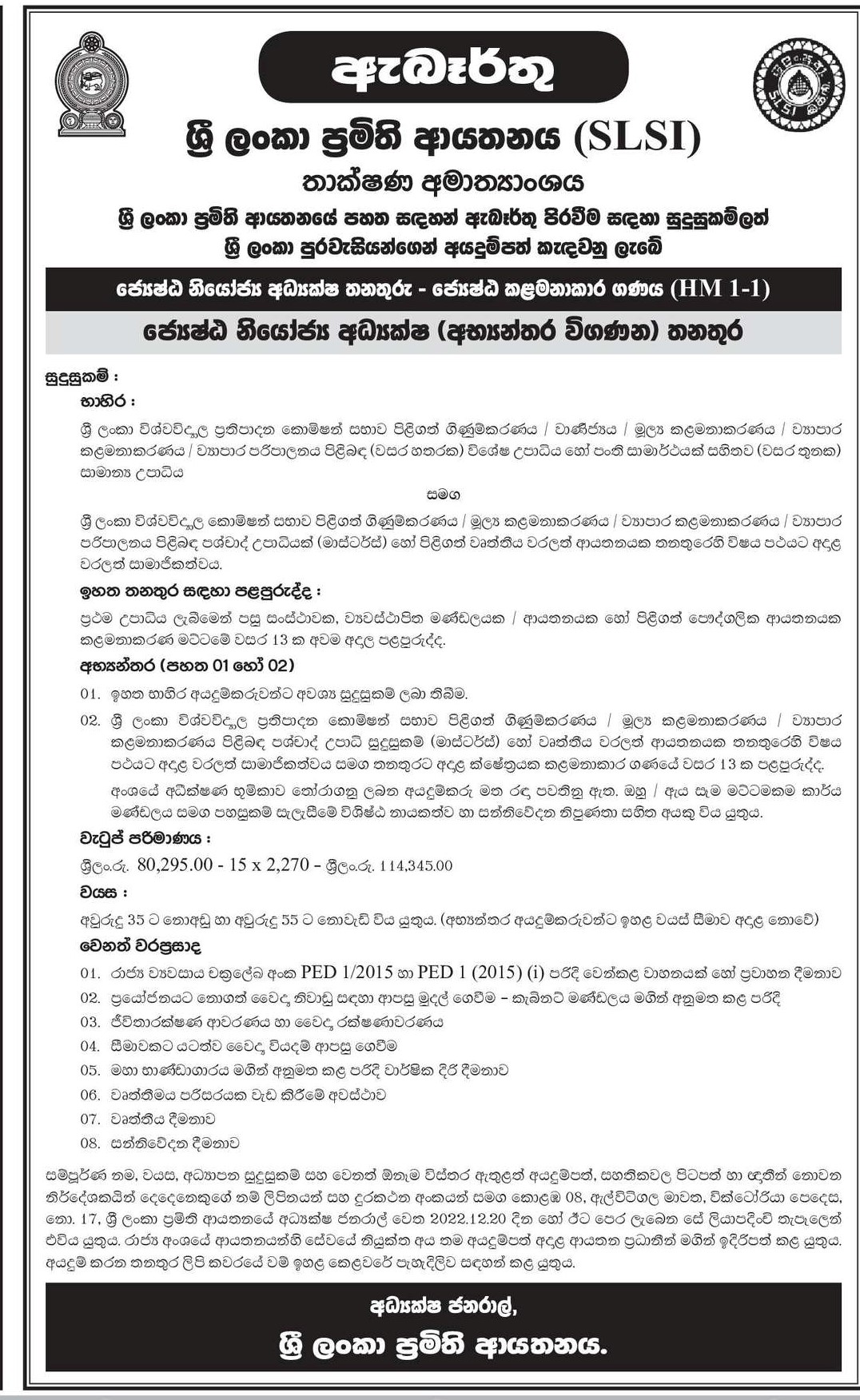 Senior Deputy Director (Internal Auditor) - Sri Lanka Standards Institution