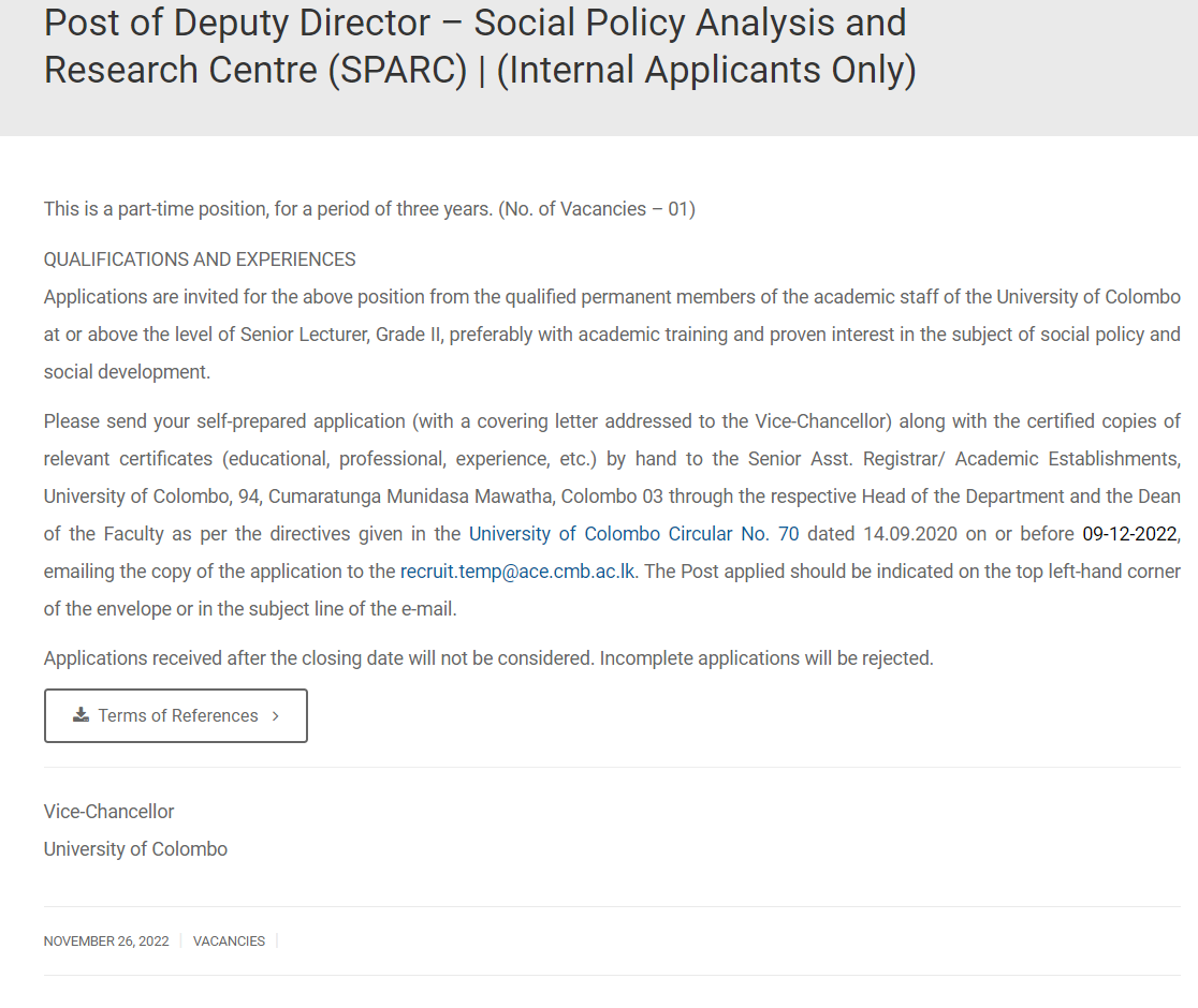 Deputy Director - University of Colombo