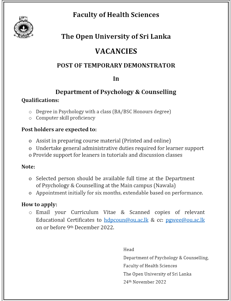 Senior Lecturer, Lecturer, Demonstrator, Operation Assistant - The Open University of Sri Lanka