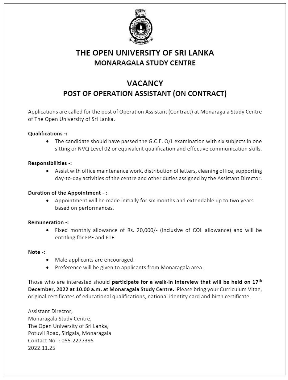 Operation Assistant - The Open University of Sri Lanka