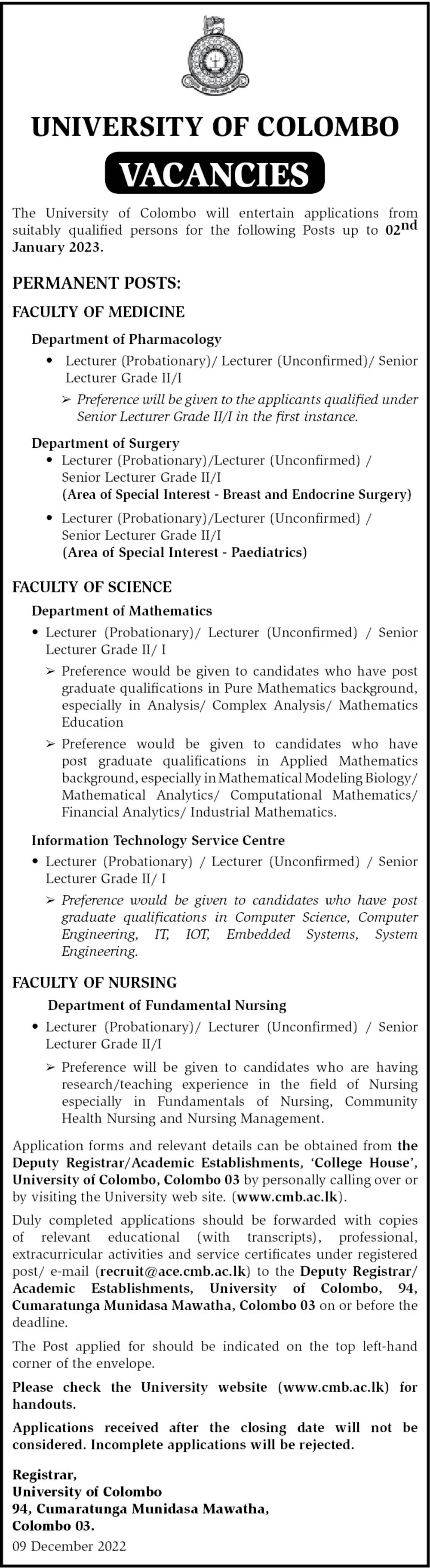 Lecturer, Senior Lecturer - University of Colombo