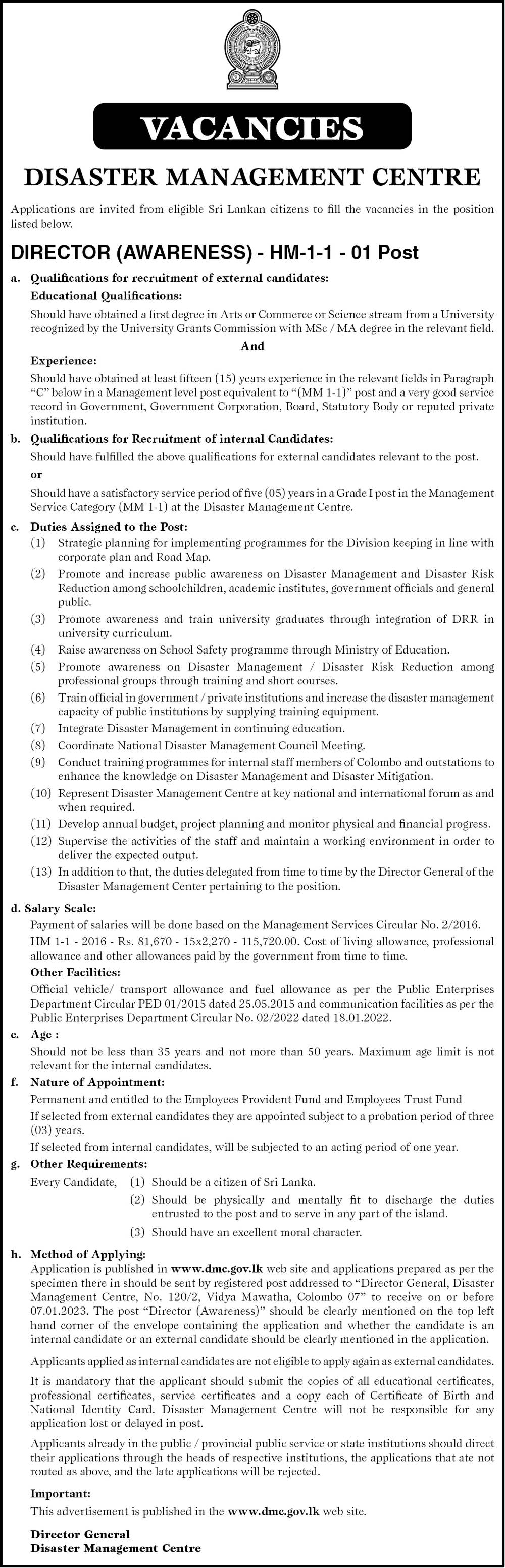 Director (Awareness) - Disaster Management Centre