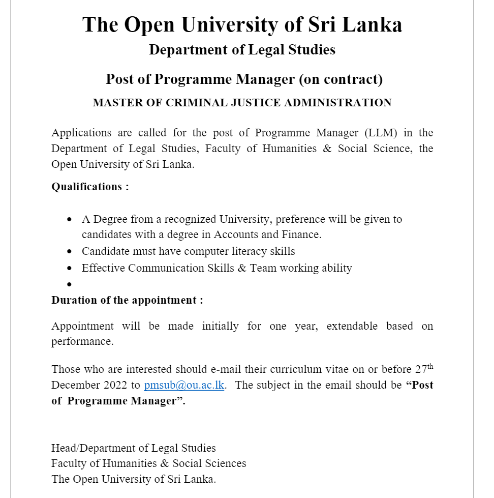 Programme Manager - The Open University of Sri Lanka