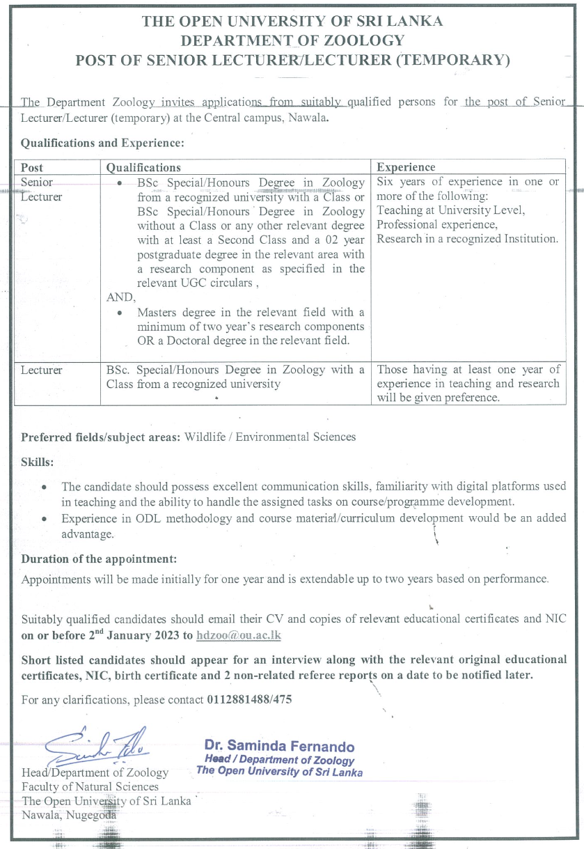 Senior Lecturer, Lecturer - The Open University of Sri Lanka