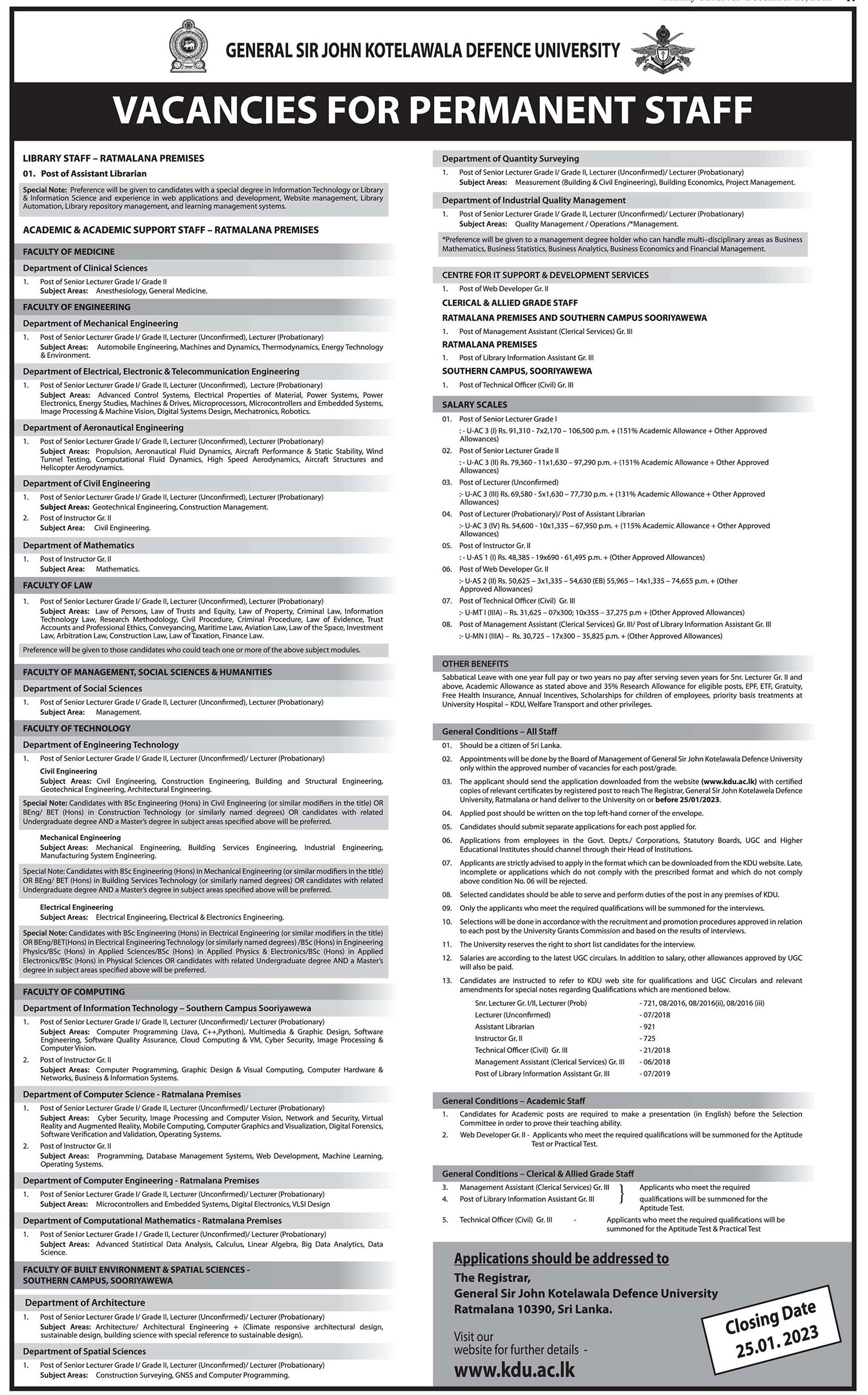 Management Assistant, Assistant Librarian, Web Developer, Library Information Assistant, Technical Officer (Civil), Lecturer, Senior Lecturer Instructor - General Sir John Kotelawala Defence University