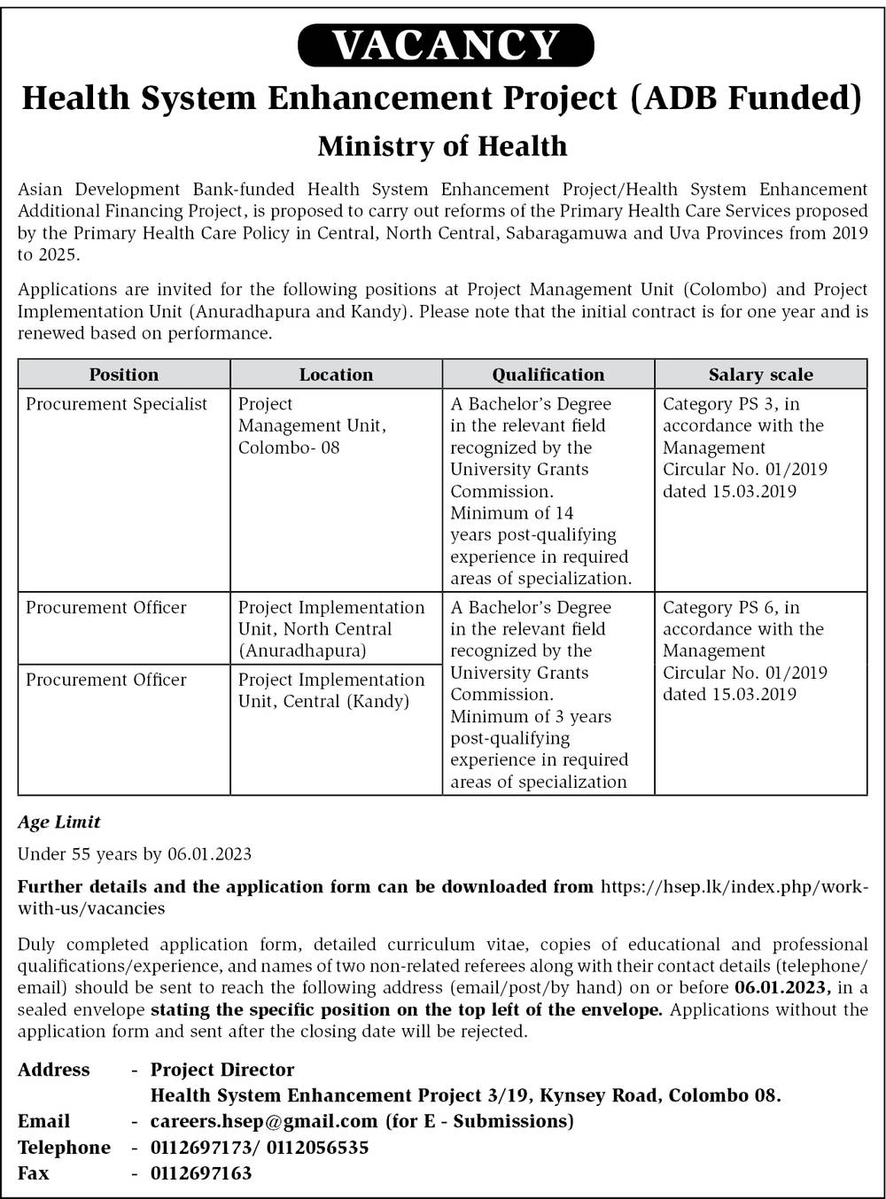 Procurement Specialist, Procurement Officer - Health System Enhancement Project - Ministry of Health