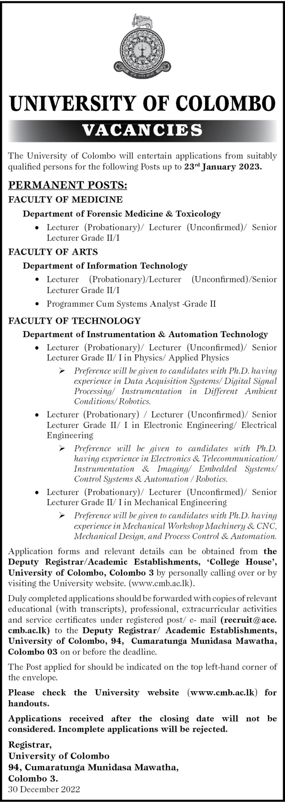 Lecturer, Senior Lecturer, Programmer/Systems Analyst - University of Colombo