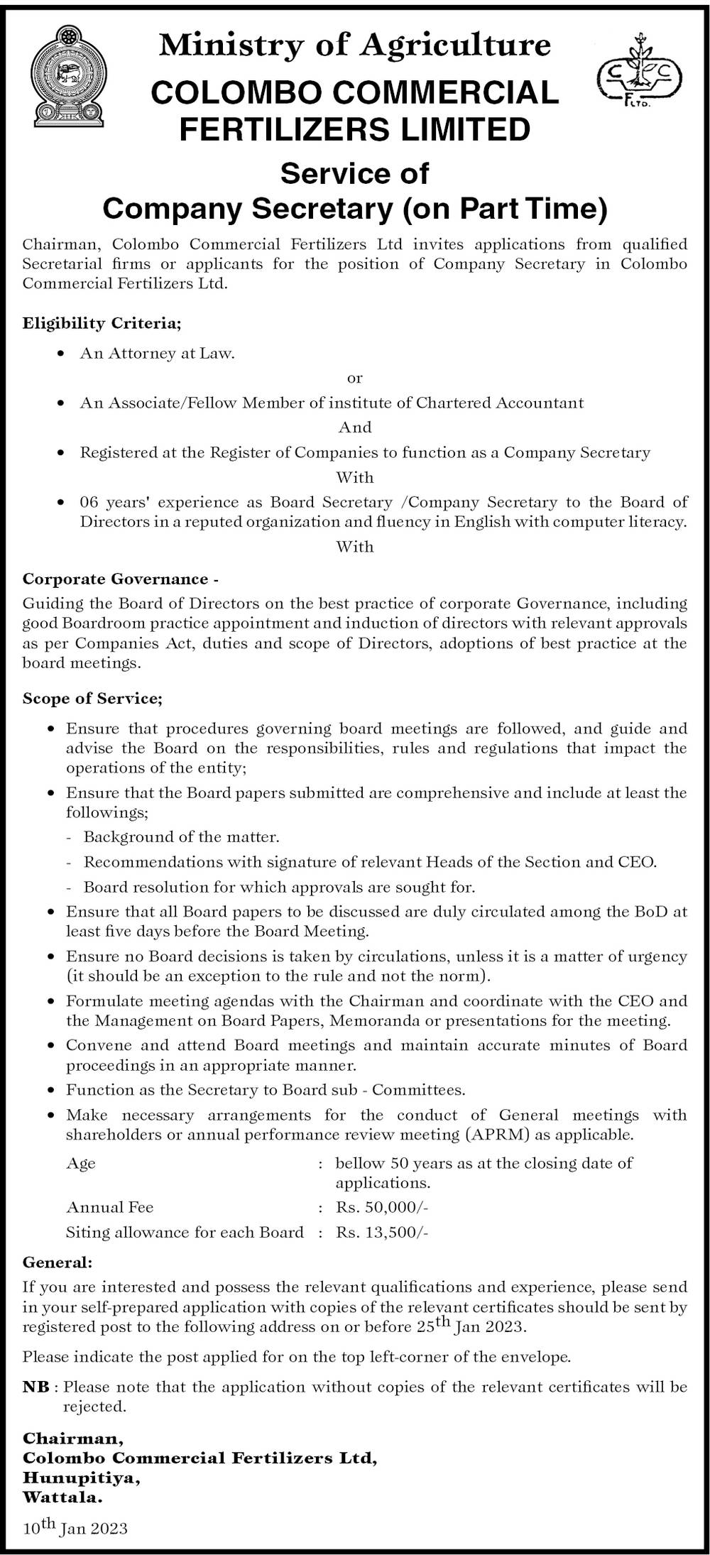 Company Secretary - Colombo Commercial Fertilizers Limited