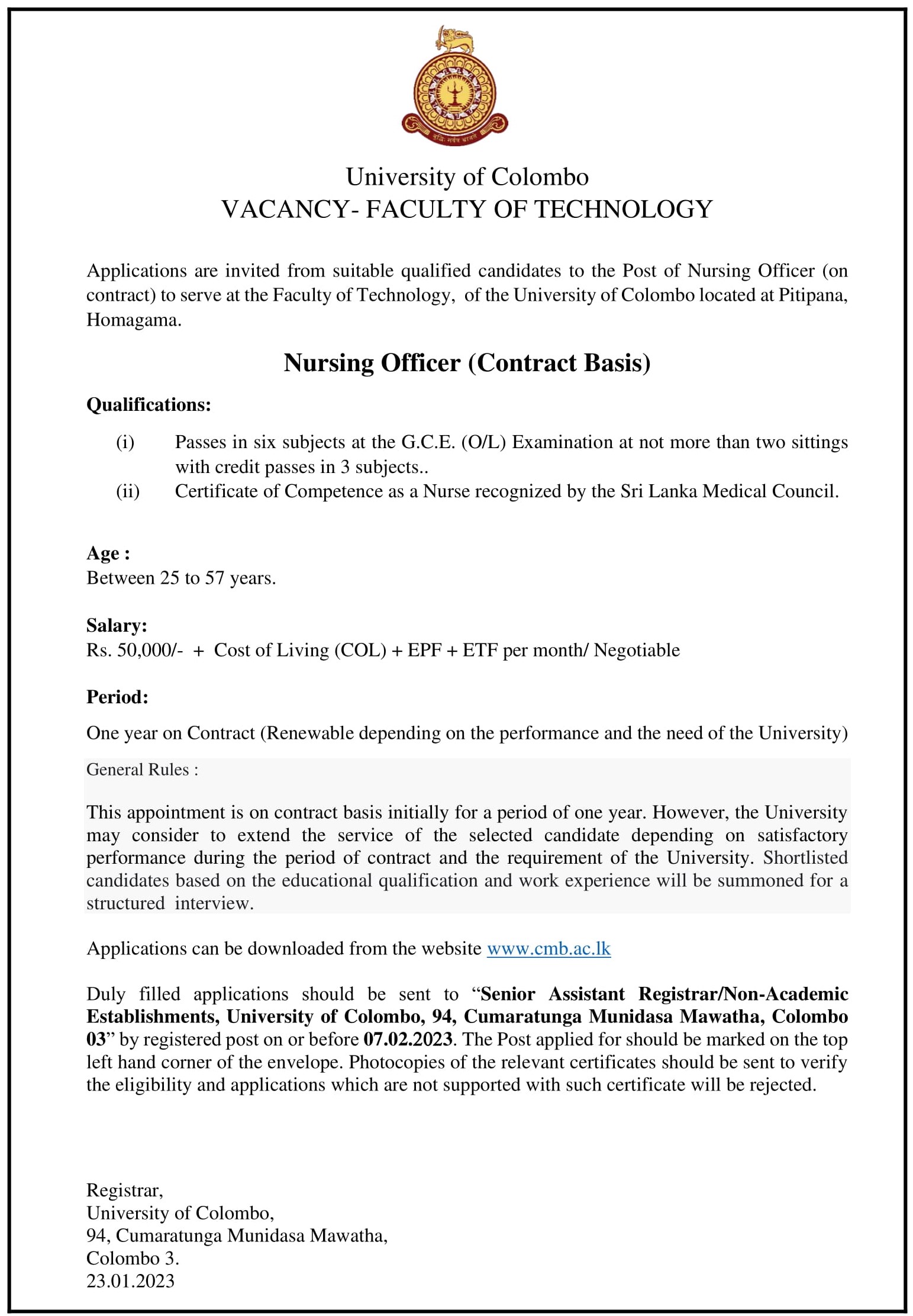 Nursing Officer - University of Colombo