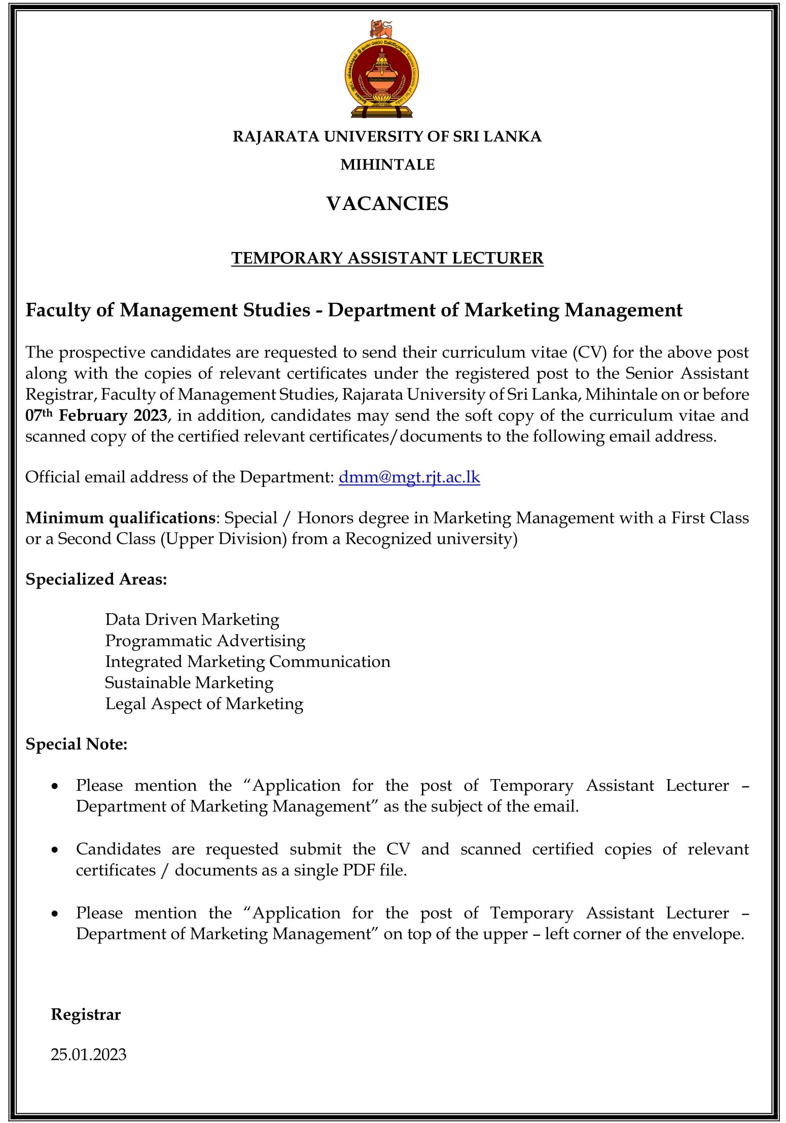 Assistant Lecturer - Rajarata University of Sri Lanka