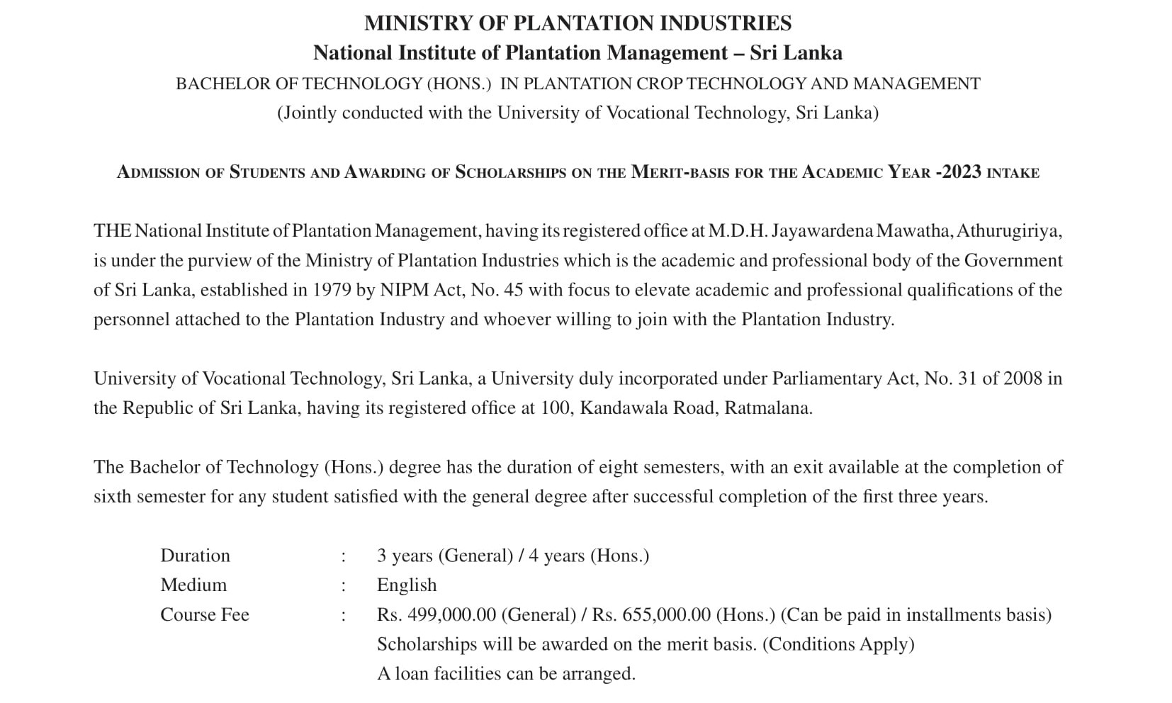 Bachelor of Technology (Hons.) in Plantation Crop Technology & Management - National Institute of Plantation Management