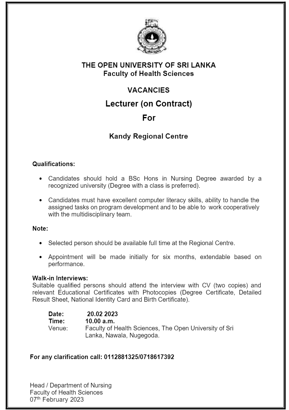 Senior Lecturer, Lecturer, Academic Coordinator, Demonstrator - The Open University of Sri Lanka