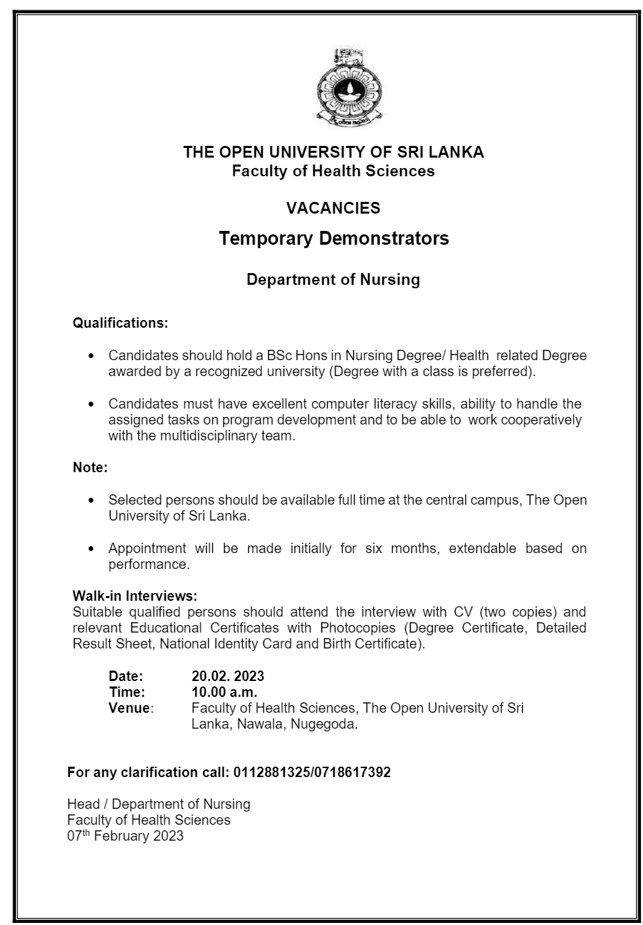 Senior Lecturer, Lecturer, Academic Coordinator, Demonstrator - The Open University of Sri Lanka