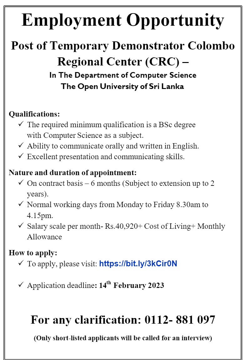 Demonstrator - The Open University of Sri Lanka