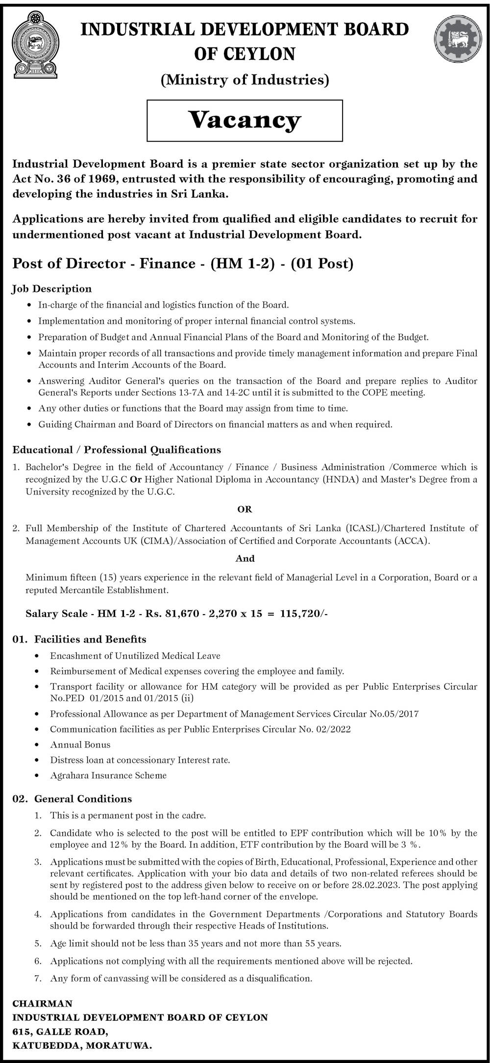 Director (Finance) - Industrial Development Board of Ceylon