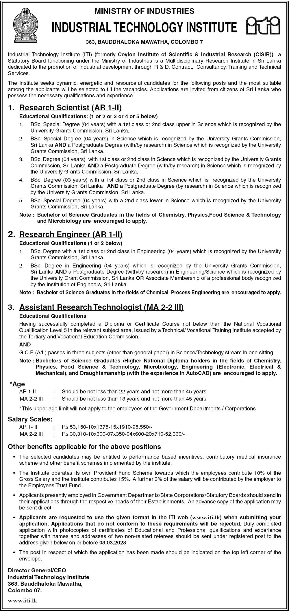 Research Scientist, Research Engineer, Assistant Research Technologist - Industrial Technology Institute