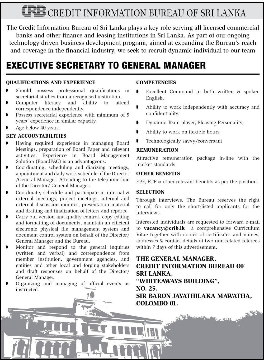 Executive Secretary to General Manager - Credit Information Bureau of Sri Lanka