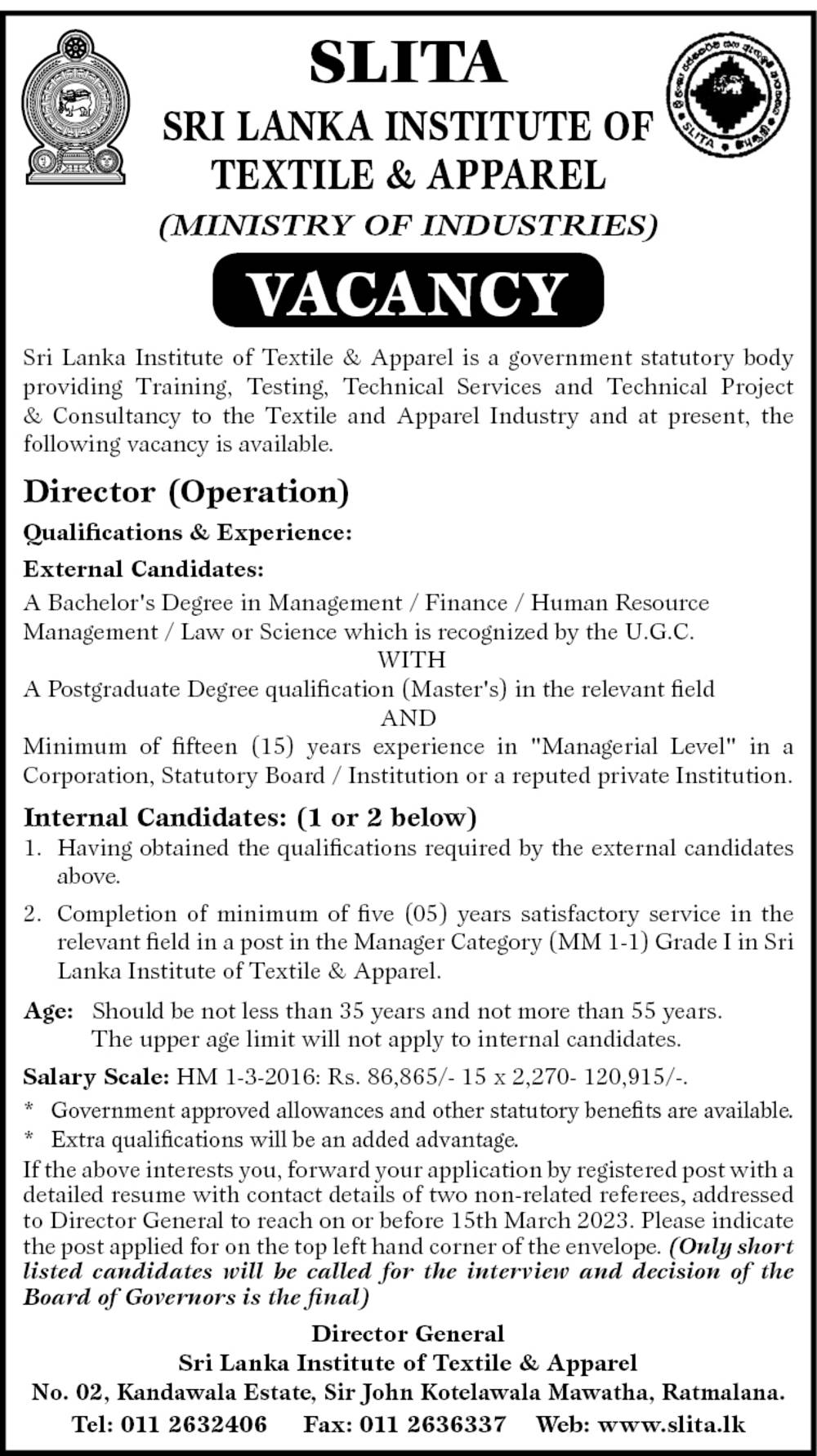 Director (Operation) - Sri Lanka Institute of Textile & Apparel