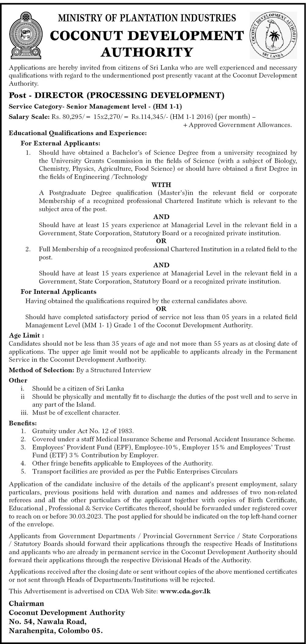 Director (Processing Development) - Coconut Development Authority