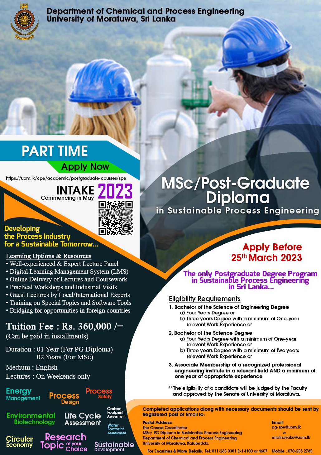 MSc/Post-Graduate Diploma in Sustainable Process Engineering - Department of Chemical & Process Engineering - University of Moratuwa