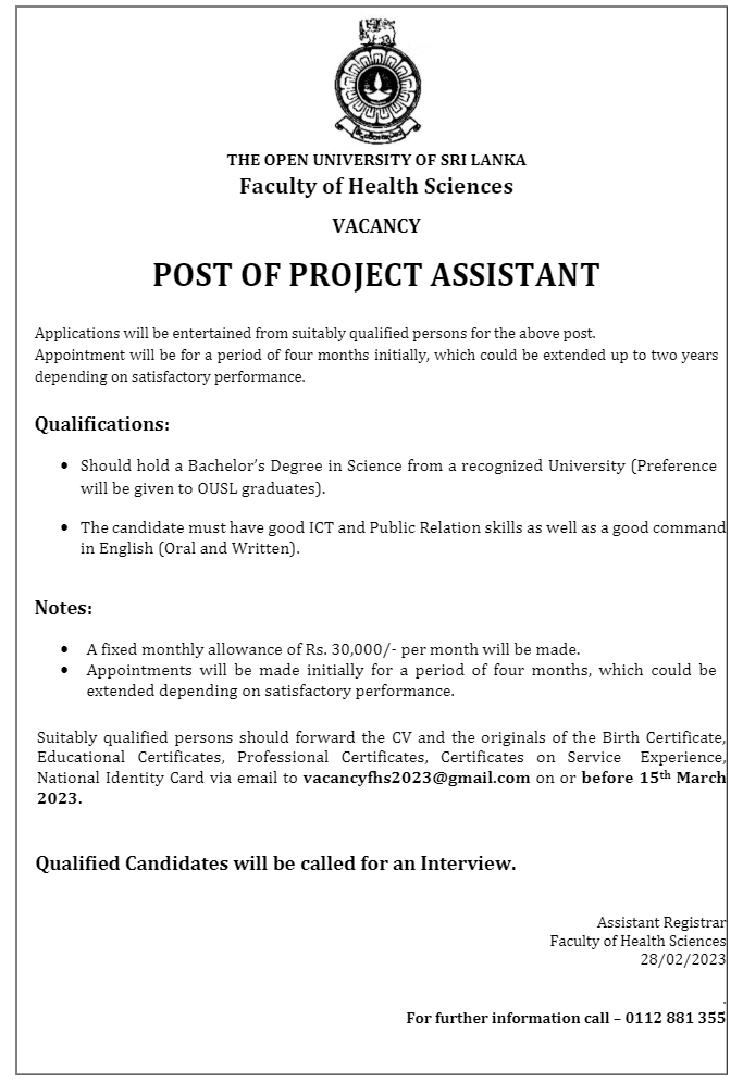 Project Assistant, Demonstrator - The Open University of Sri Lanka