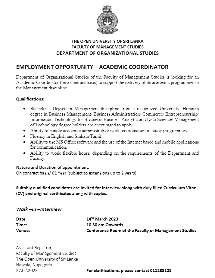 Academic Coordinator - The Open University of Sri Lanka