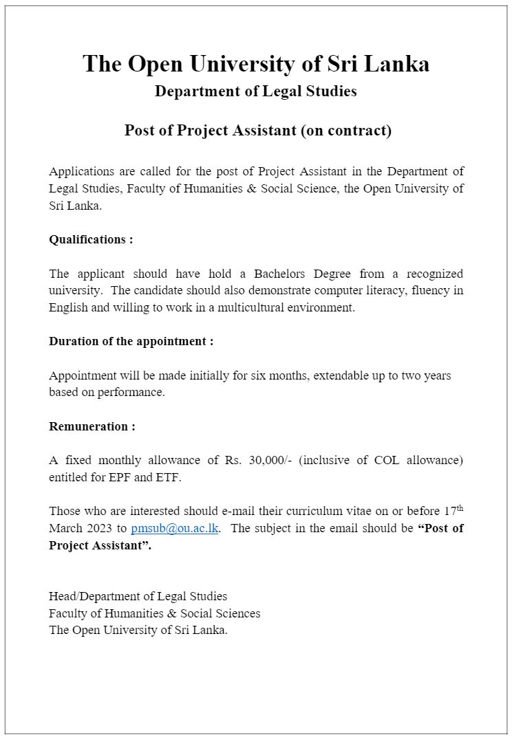 Project Assistant - The Open University of Sri Lanka  