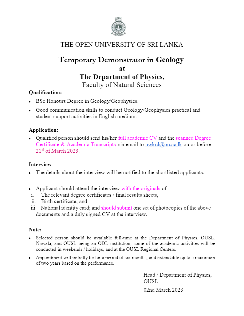 Demonstrator - The Open University of Sri Lanka  