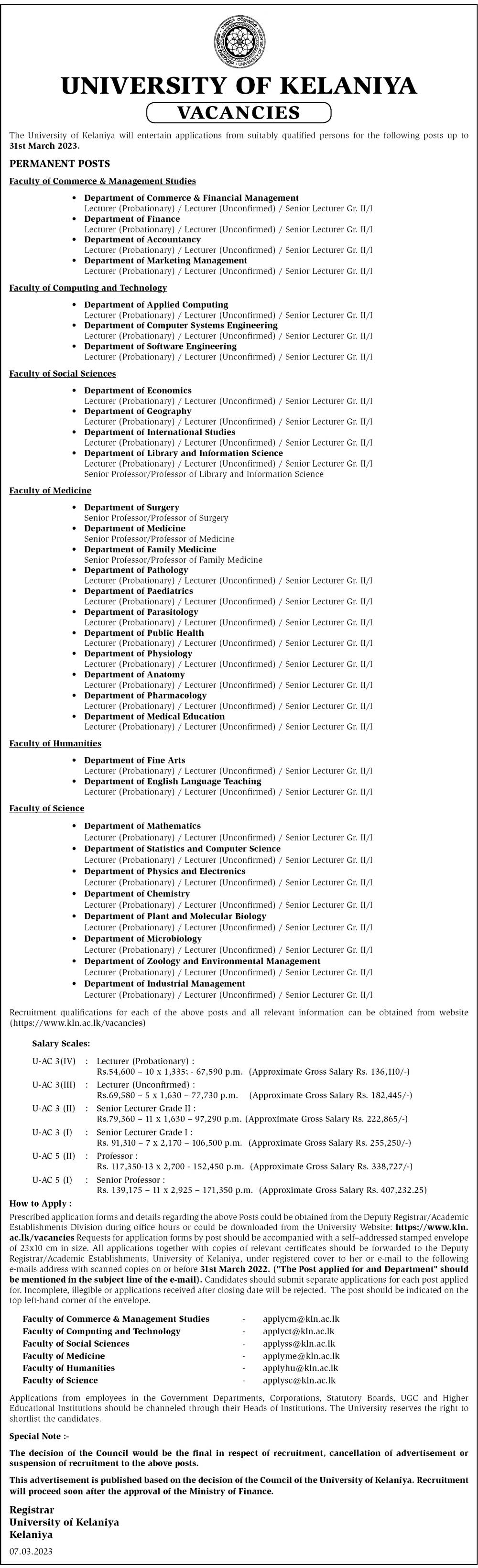 Lecturer, Senior Lecturer, Senior Professor, Professor - University of Kelaniya