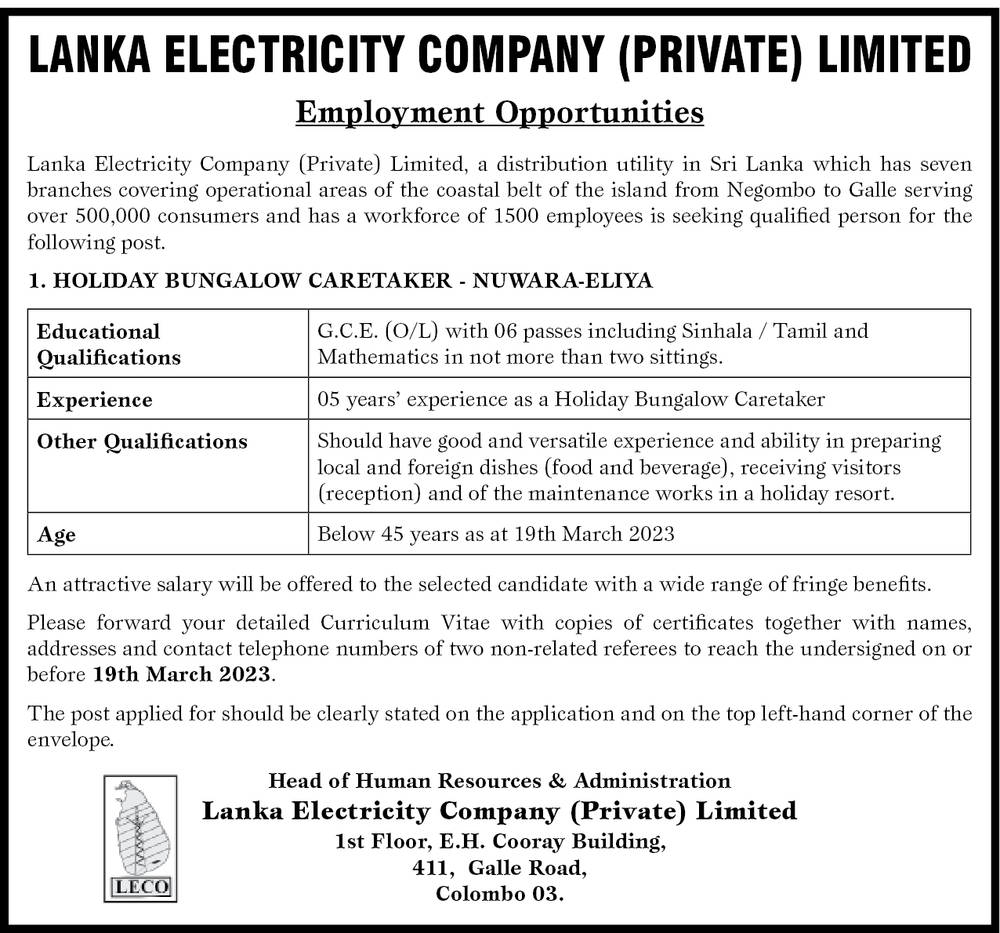 Holiday Bungalow Caretaker - Lanka Electricity Company (Private) Limited 