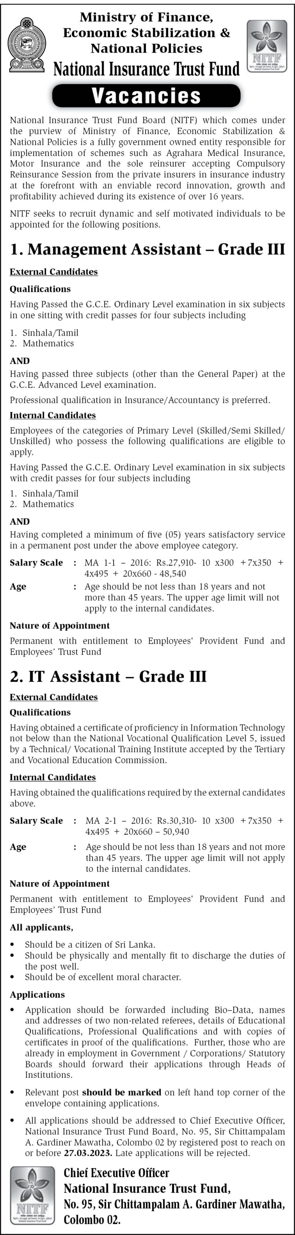 ‍Management Assistant, IT Assistant - National Insurance Trust Fund