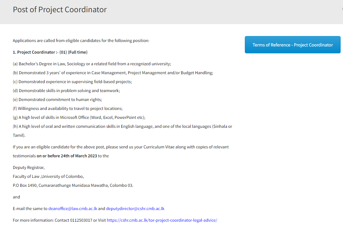 Project Coordinator, Communication Officer, District Coordinator, Student Volunteer, Intern - University of Colombo