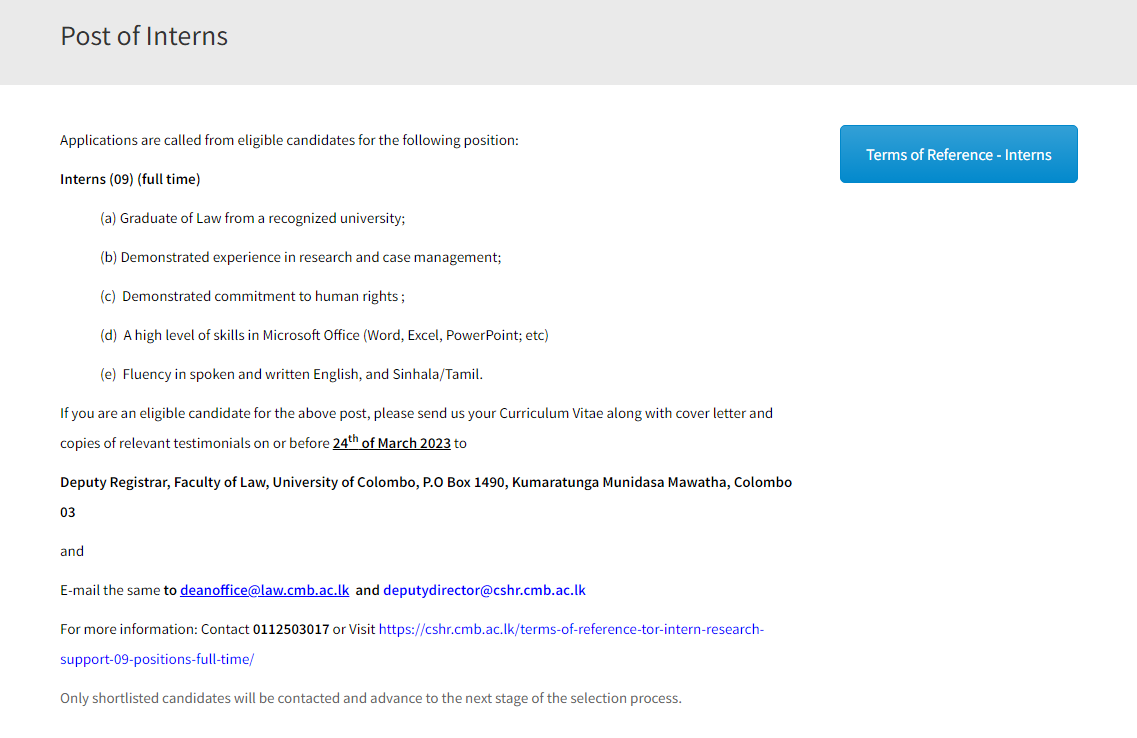 Project Coordinator, Communication Officer, District Coordinator, Student Volunteer, Intern - University of Colombo