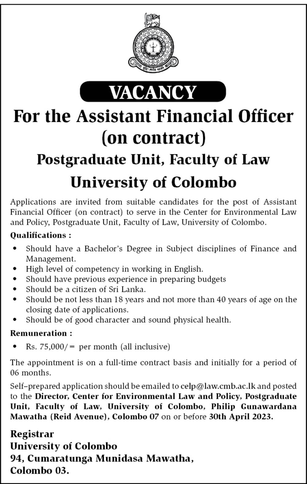 Assistant Financial Officer, Coordinator - Faculty of Law - University of Colombo