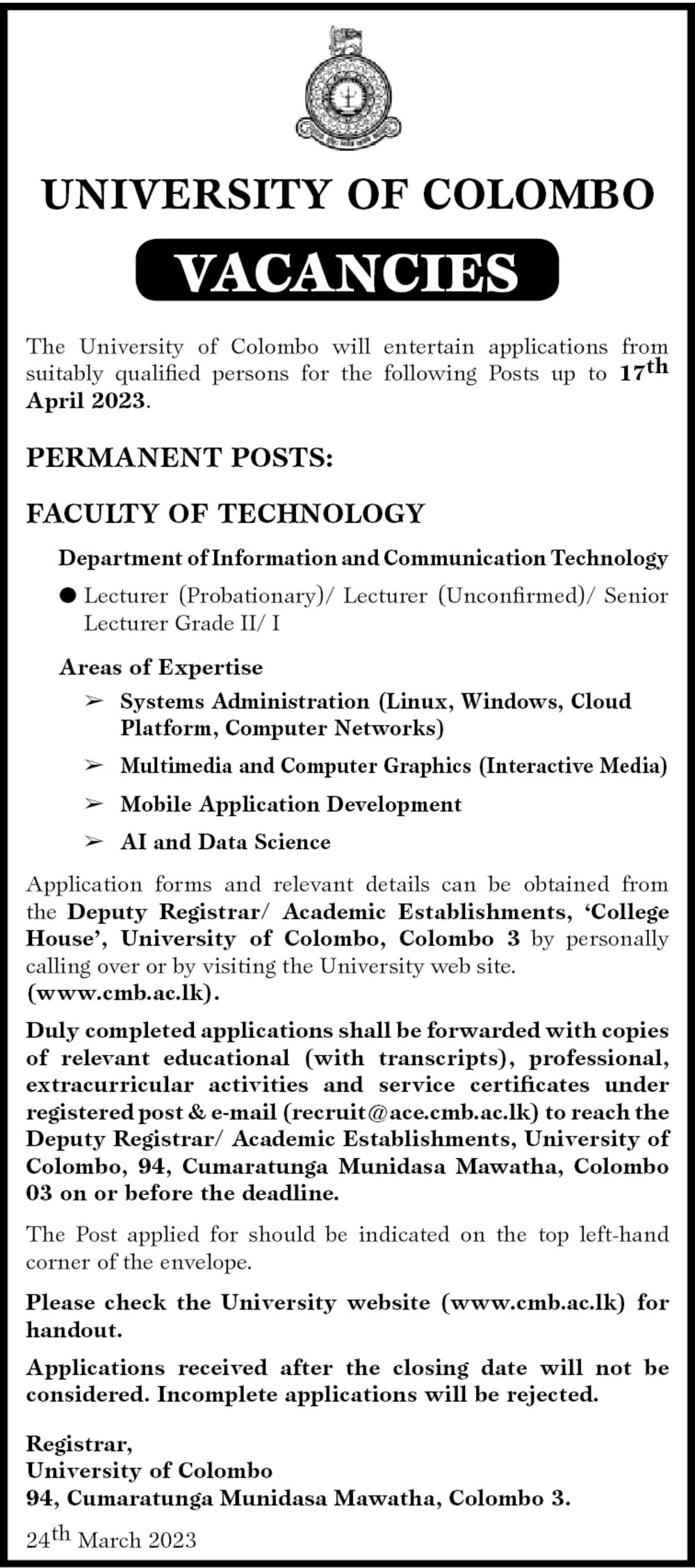 Lecturer, Senior Lecturer - University of Colombo