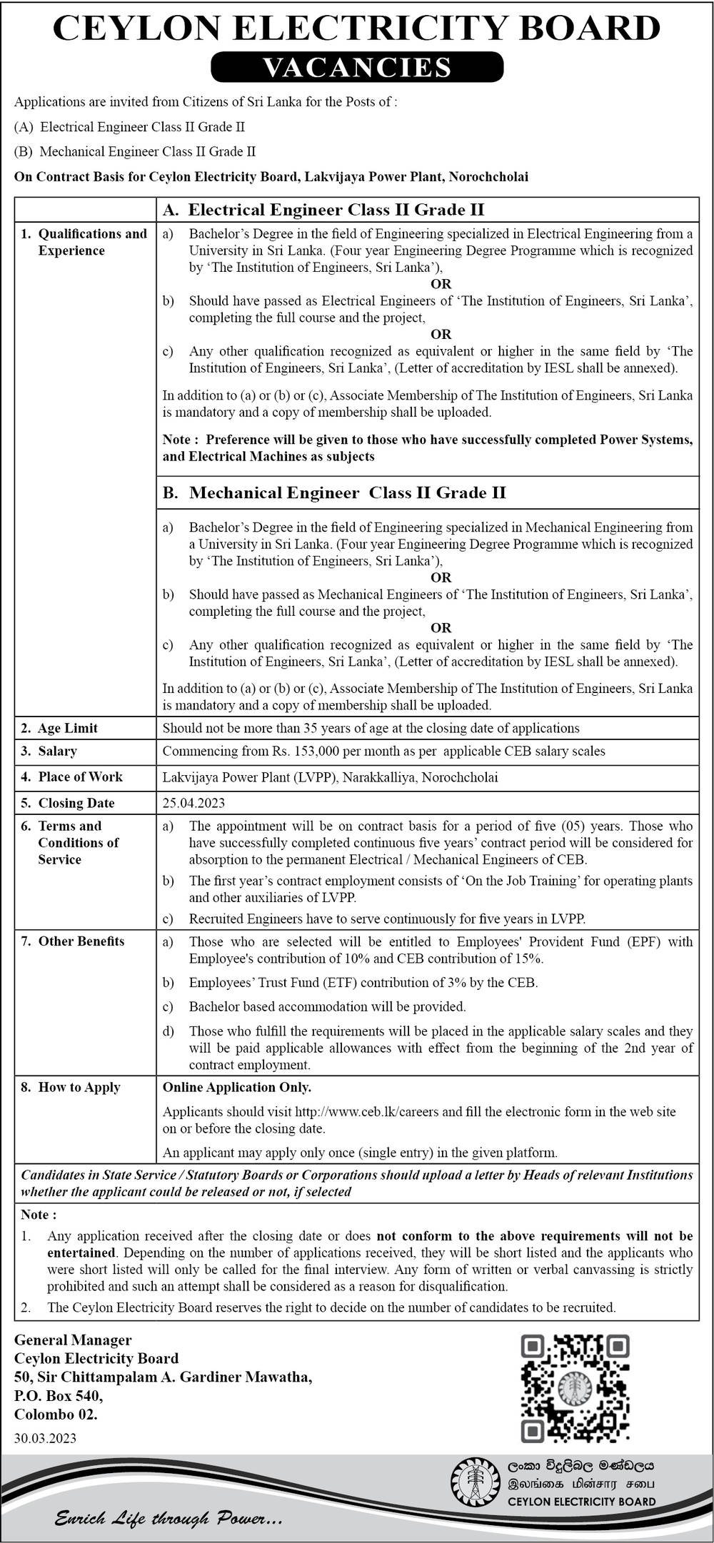 Electrical Engineer, Mechanical Engineer - Ceylon Electricity Board