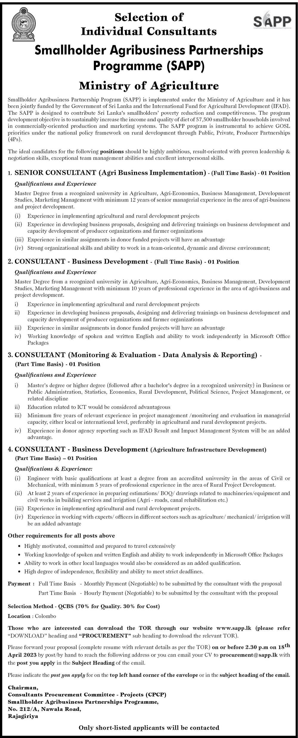 Senior Consultant, Consultant - Smallholder Agribusiness Partnership Programme - Ministry of Agriculture