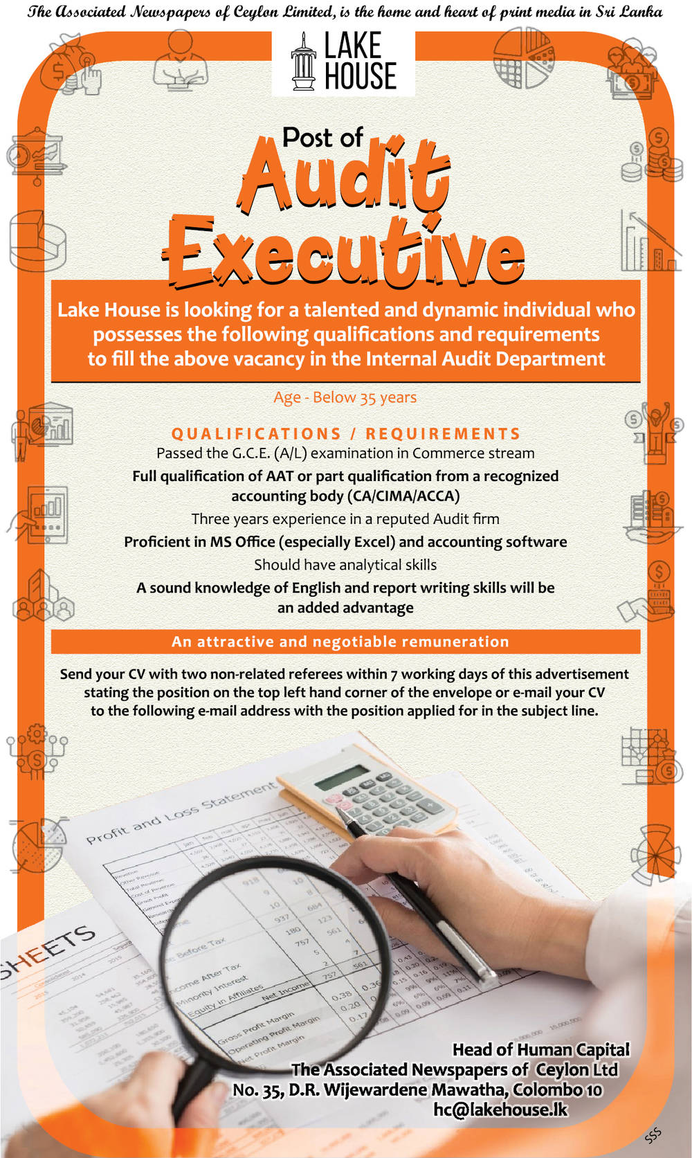 Business Development Officer, Audit Executive - The Associated Newspapers of Ceylon Ltd