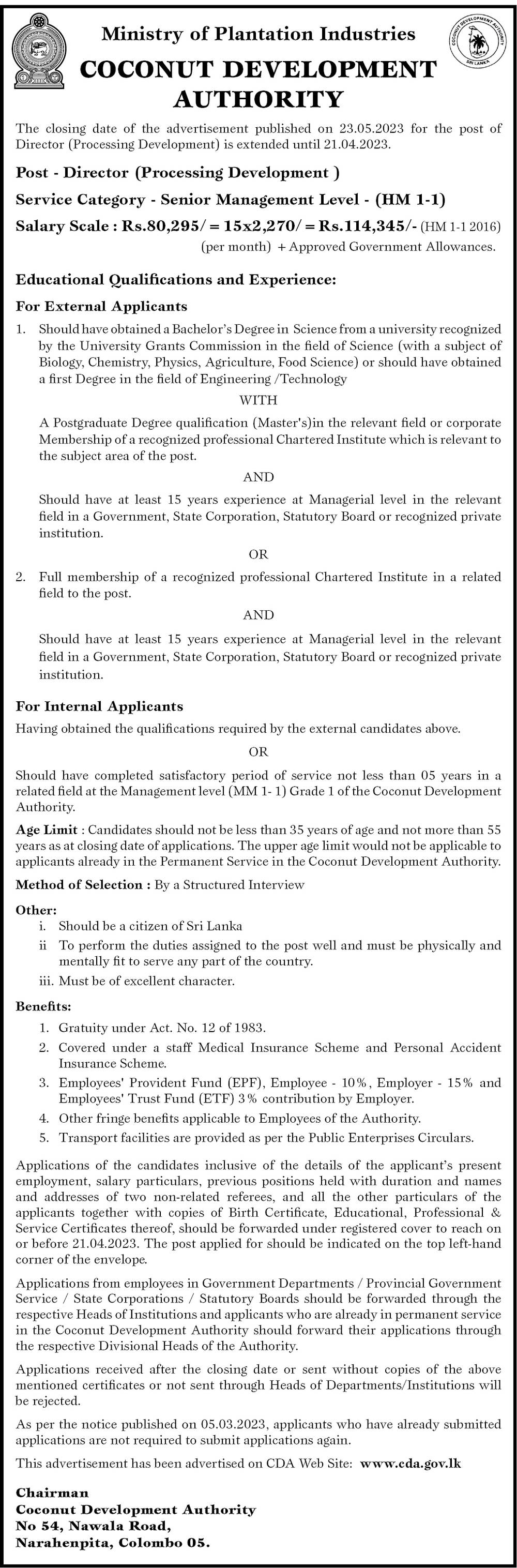 Director (Processing Development) - Coconut Development Authority