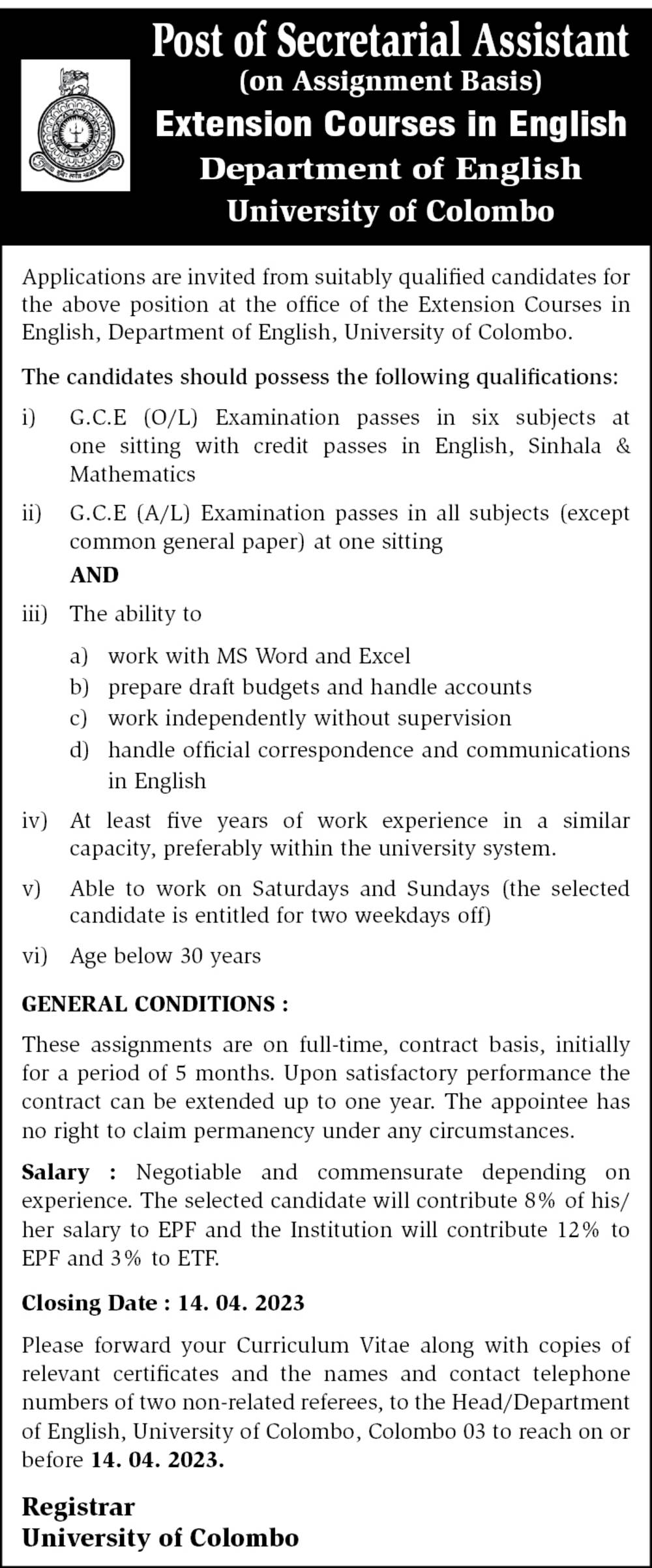 Secretarial Assistant - Department of English - University of Colombo