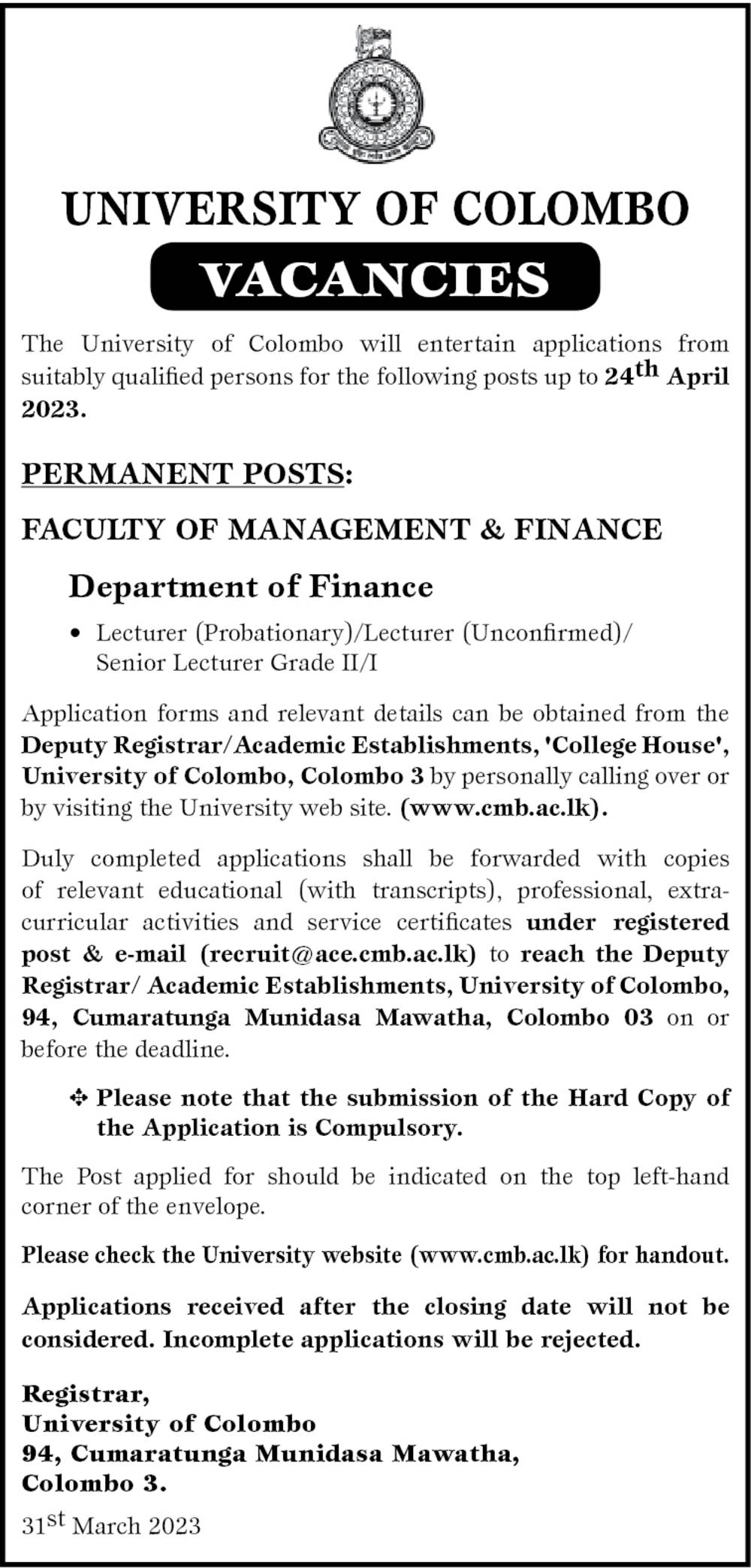 Lecturer, Senior Lecturer - University of Colombo