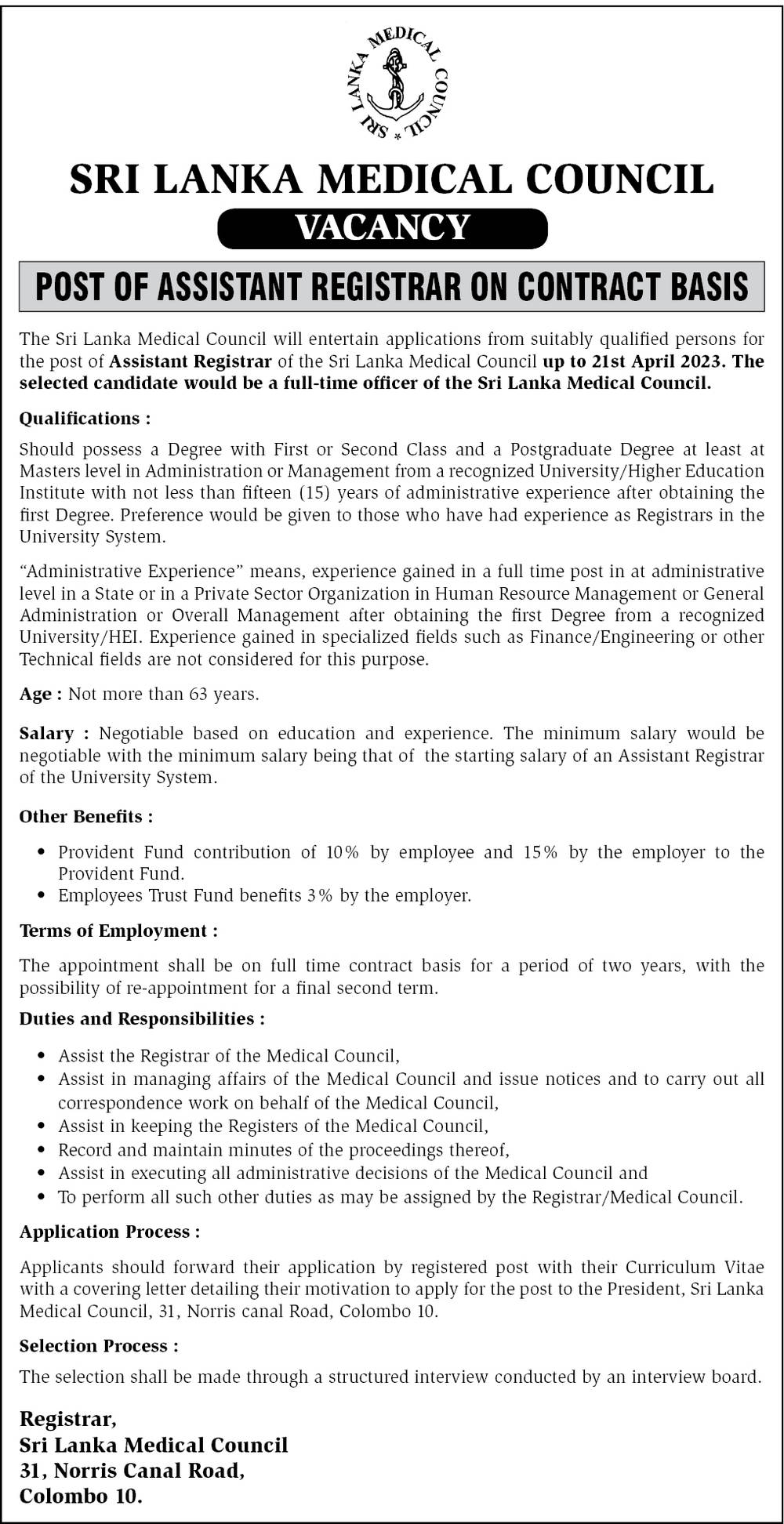 Head of Allied Health Unit, Internal Auditor, Assistant Registrar, Head of Finance Unit, Prosecuting Officer - Sri Lanka Medical Council