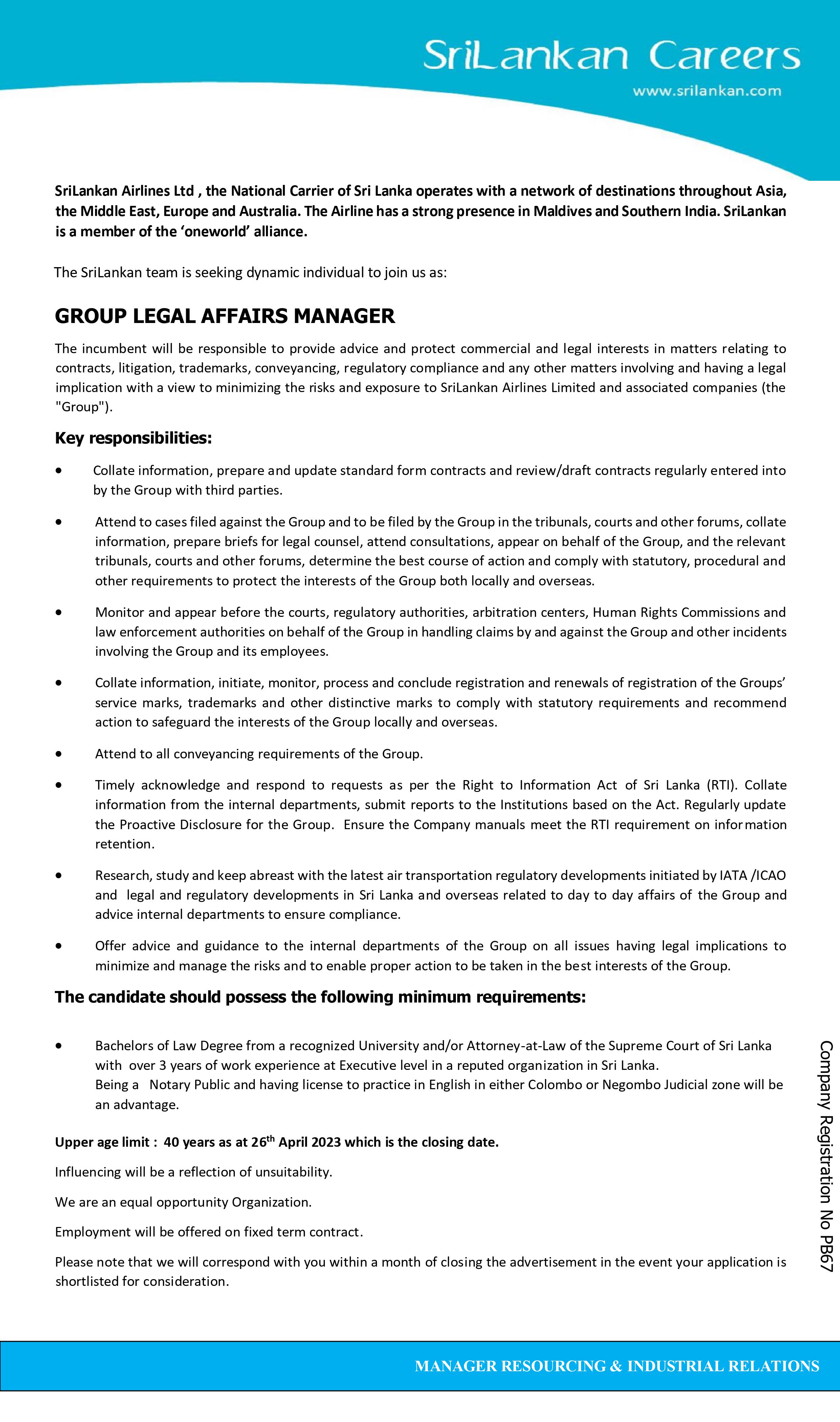 Group Legal Affairs Manager - SriLankan Airlines Ltd