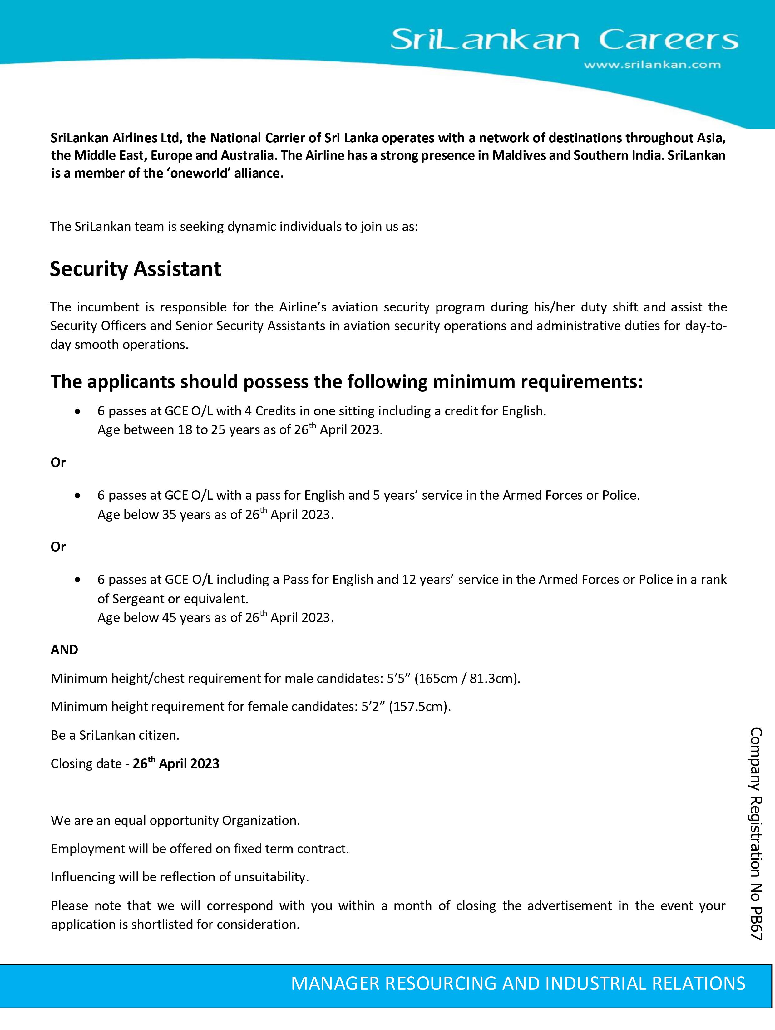 Security Assistant - SriLankan Airlines Ltd